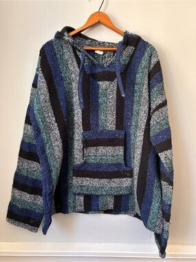 Vintage 1990s Drug Rug Baja Hoodie Mexican Poncho Hippie Pullover Blue/Black‎ XL